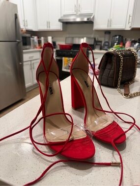 Public Desire Red Lace-Up Clear Strap Block Heel Sandals